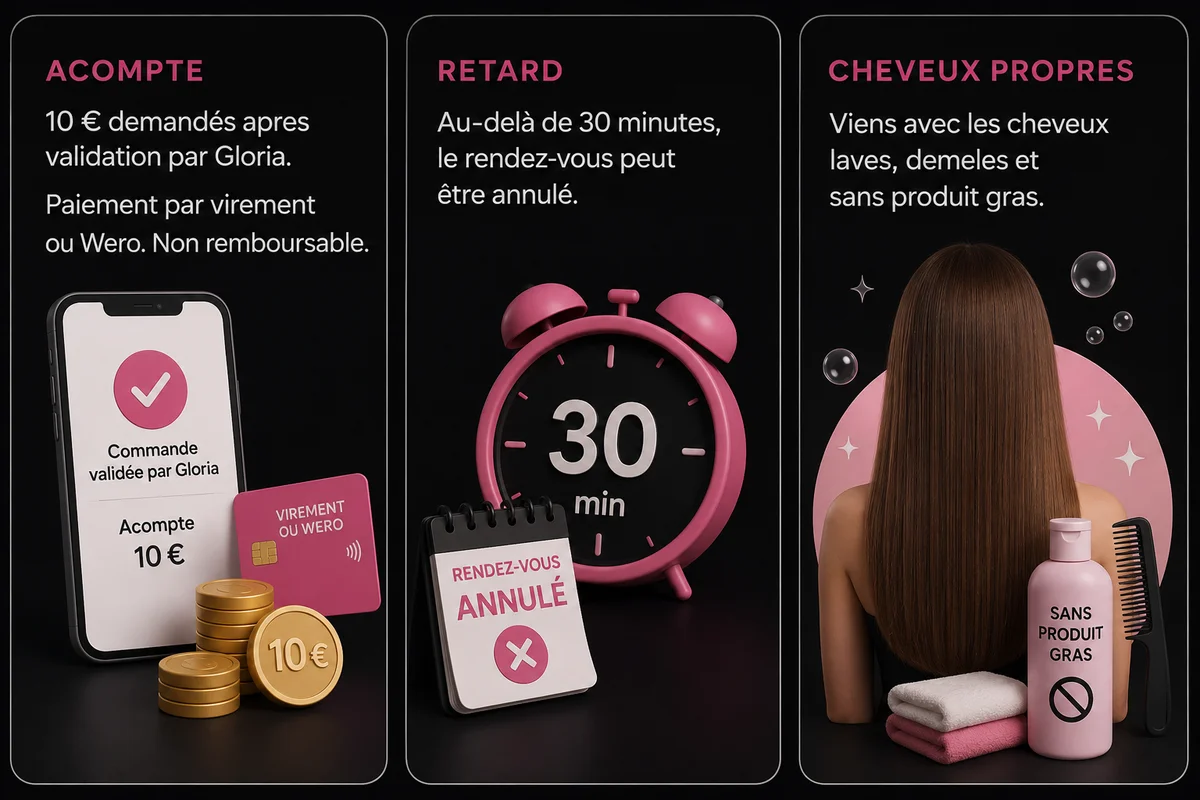 À savoir avant de réserver — acompte, retard et cheveux propres